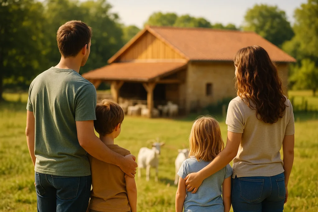 Famille observant une chèvrerie en bois au cœur du Jura, entourée de chèvres blanches