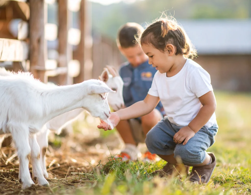 Enfants caressant des chèvres pendant une visite éducative et immersive à la ferme Pampilles & Compagnie, située dans le Jura