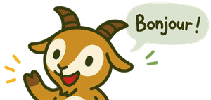 Praline, la mascotte de Pampilles & Compagnie, salue avec une bulle « Bonjour ! »